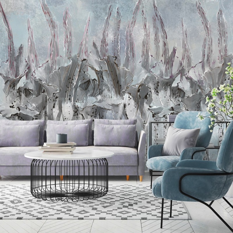 Fototapete - Abstrakt Blumen Pflanzen Beton Blau Grau | Feeby