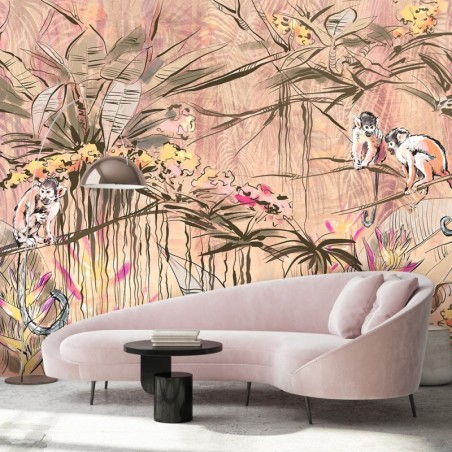 Fototapete - Affen im Tropische Dschungel Braun Orange Rosa | Feeby