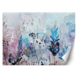 Fototapete - Blätter Blumen Schmetterlinge Blau Rosa | Feeby