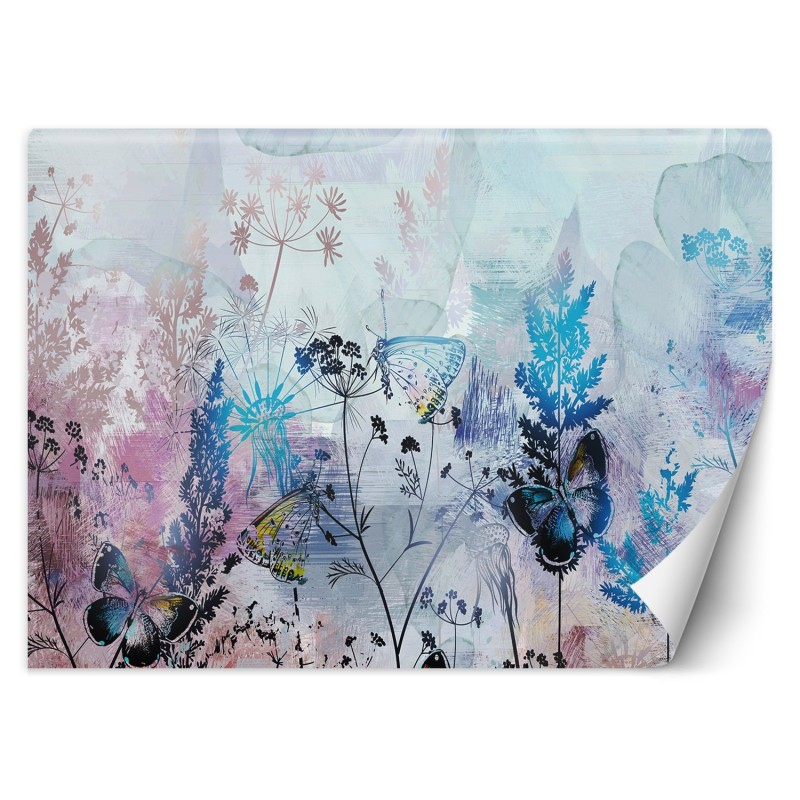 Fototapete - Blätter Blumen Schmetterlinge Blau Rosa | Feeby