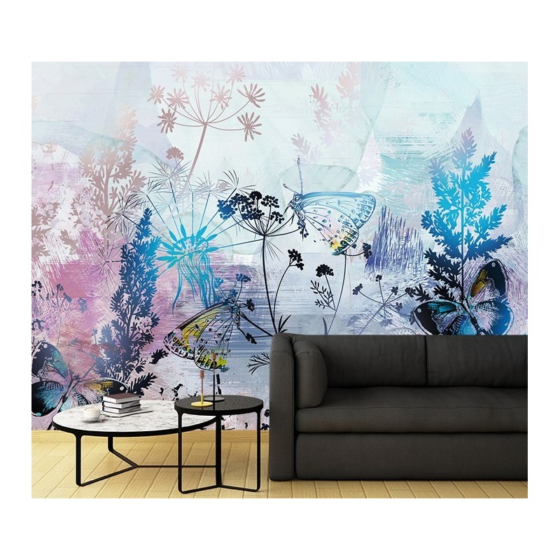 Fototapete - Blätter Blumen Schmetterlinge Blau Rosa | Feeby