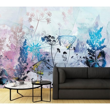 Fototapete - Blätter Blumen Schmetterlinge Blau Rosa | Feeby