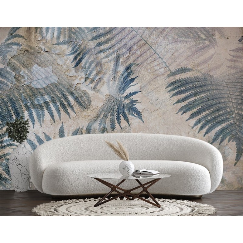 Fototapete - Farnblätter Palmen Beton Mauer 3D | Feeby