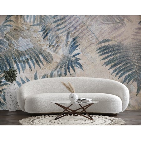 Fototapete - Farnblätter Palmen Beton Mauer 3D | Feeby