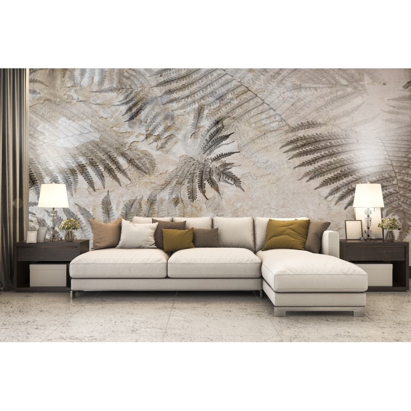 Modische Fototapete - Farn Blatt Palmen Beton 3D | Feeby