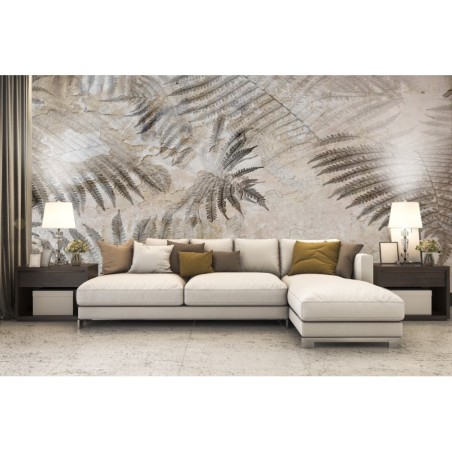 Modische Fototapete - Farn Blatt Palmen Beton 3D | Feeby