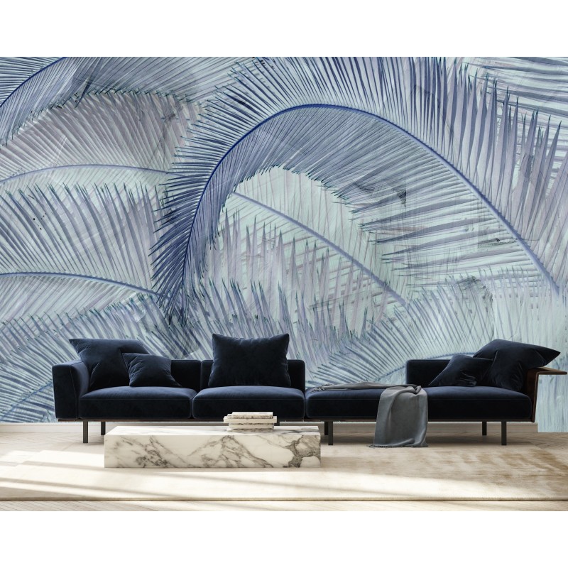 Modische Fototapete - 3D Palmenblätter Blau | Feeby