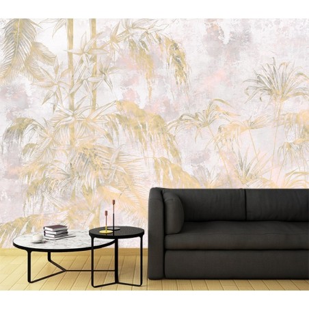 Fototapete - Dschungel Blätter Pflanzen Beton Gold | Feeby