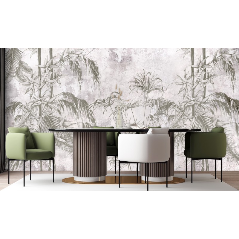 Fototapete - Dschungel Beton Schwarz-Weiß-Pflanzen | Feeby