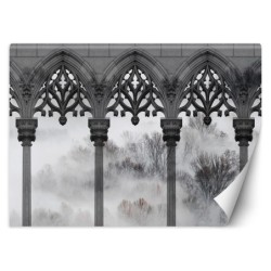 Moderne Fototapete - Bäume Nebelsäulen Schwarz Weiß | Feeby