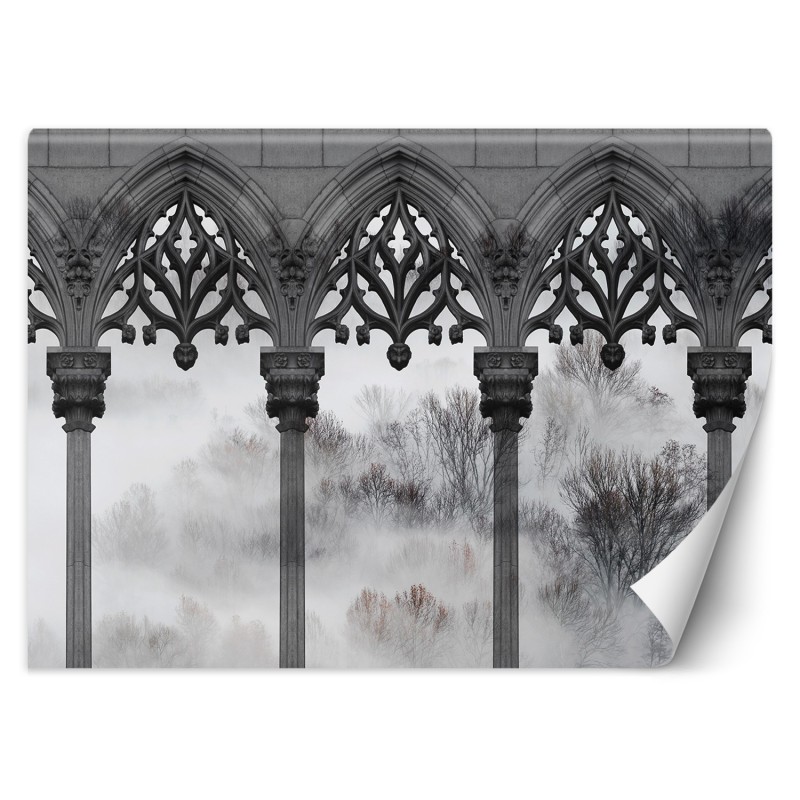 Moderne Fototapete - Bäume Nebelsäulen Schwarz Weiß | Feeby