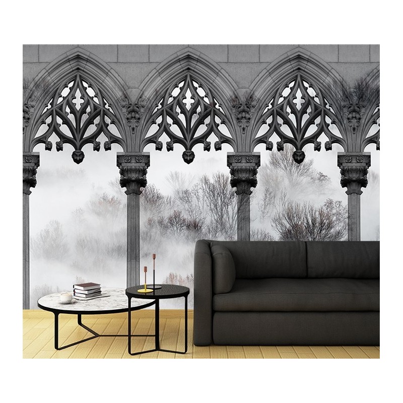 Moderne Fototapete - Bäume Nebelsäulen Schwarz Weiß | Feeby
