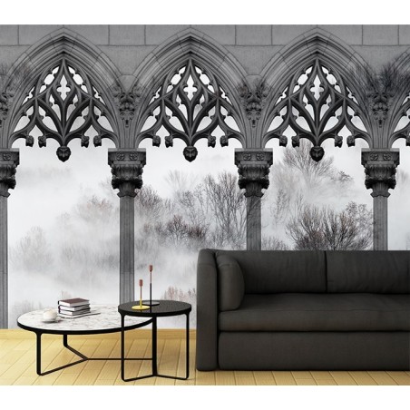 Moderne Fototapete - Bäume Nebelsäulen Schwarz Weiß | Feeby