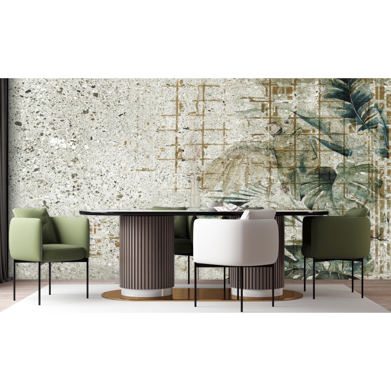 Fototapete - Monstera Blätter Betonoptik Mauer Grün | Feeby