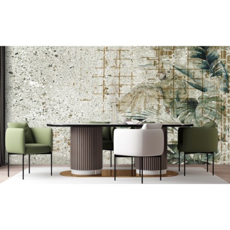 Fototapete - Monstera Blätter Betonoptik Mauer Grün | Feeby