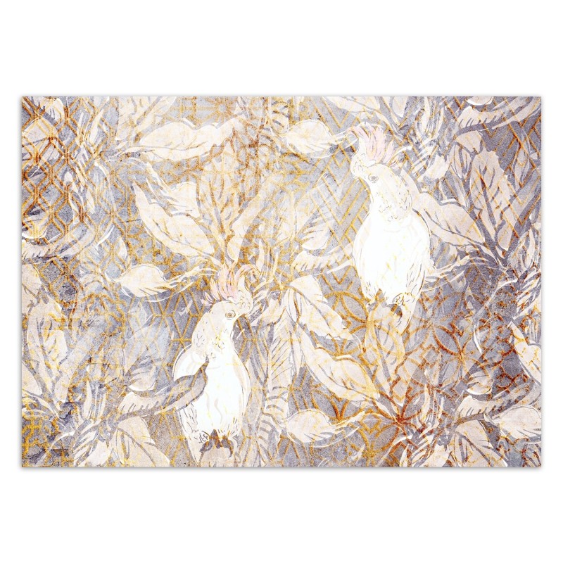 Fototapete - 3D Papageien Blumen Violett | Feeby