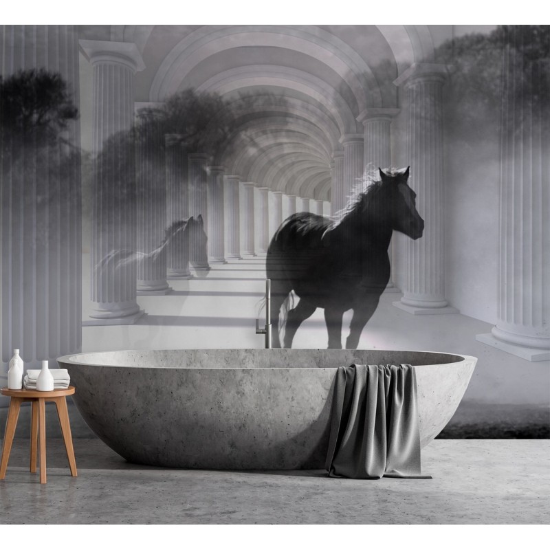 Modische Fototapete - Pferd Tunnel 3D Säulen Grau | Feeby