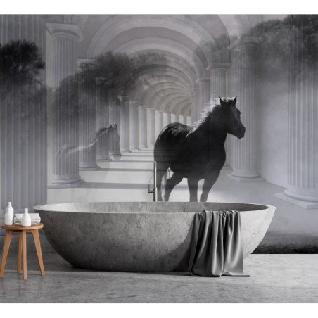 Modische Fototapete - Pferd Tunnel 3D Säulen Grau | Feeby