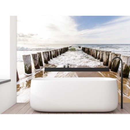 Fototapete - Wellenbrecher Meer Strand Landschaft | Feeby