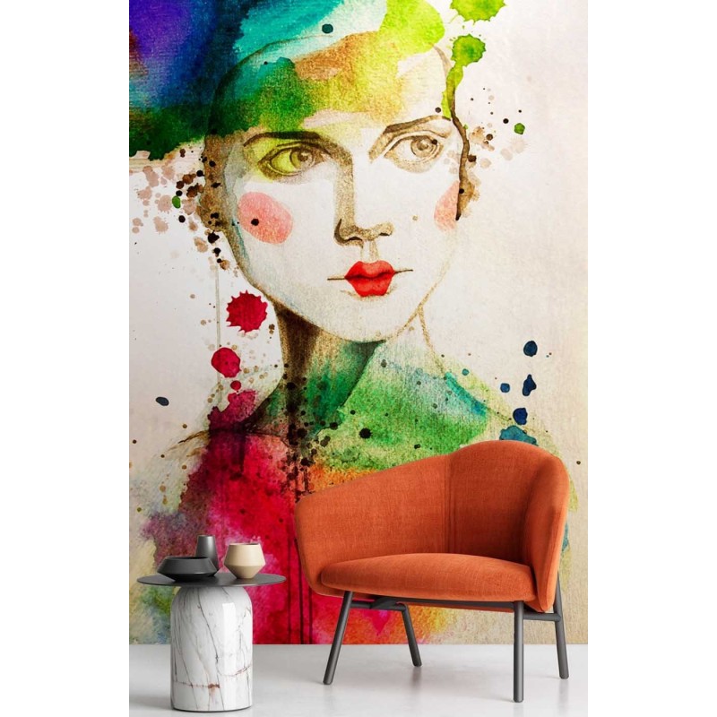 Moderne Fototapete - Frau mit roten Lippen Aquarell | Feeby