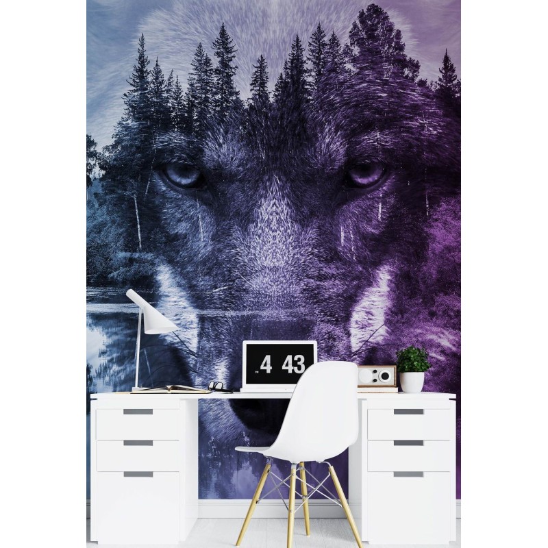 Modische Fototapete - Wolf Wald im Nebel | Feeby