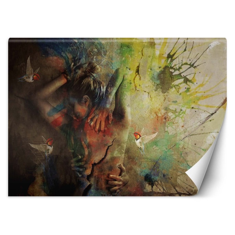 Fototapete - Frau mit Kolibris wie gemalt | Feeby