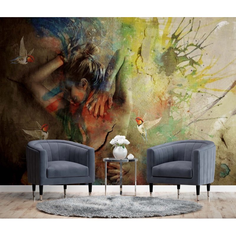 Fototapete - Frau mit Kolibris wie gemalt | Feeby