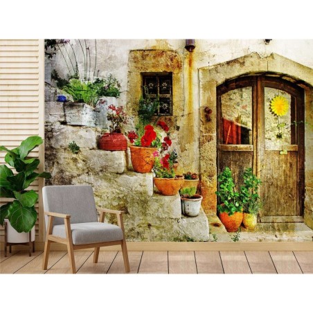 Modische Fototapete - Toskana Blumen auf der Treppe | Feeby