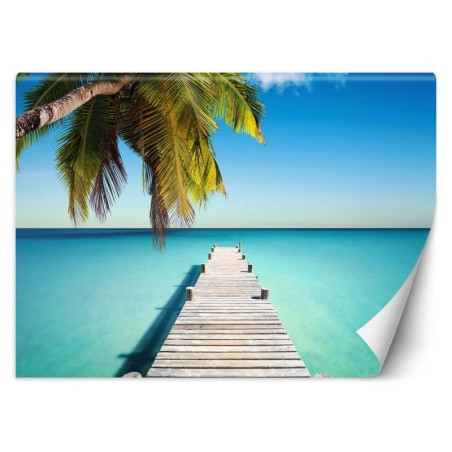 Modische Fototapete - Brücke Palmen Strand Meer | Feeby
