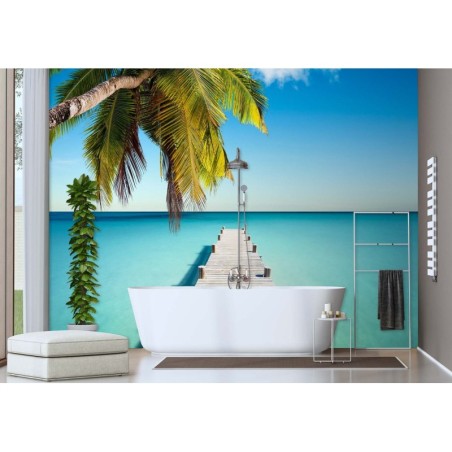 Modische Fototapete - Brücke Palmen Strand Meer | Feeby