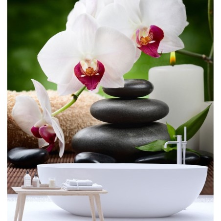 Fototapete - Orchidee Kerze und Zen-Steine im SPA | Feeby