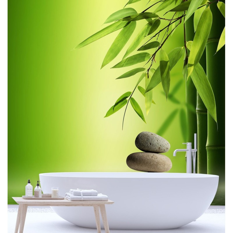 Fototapete - Bambusblätter auf grünem Hintergrund | Feeby