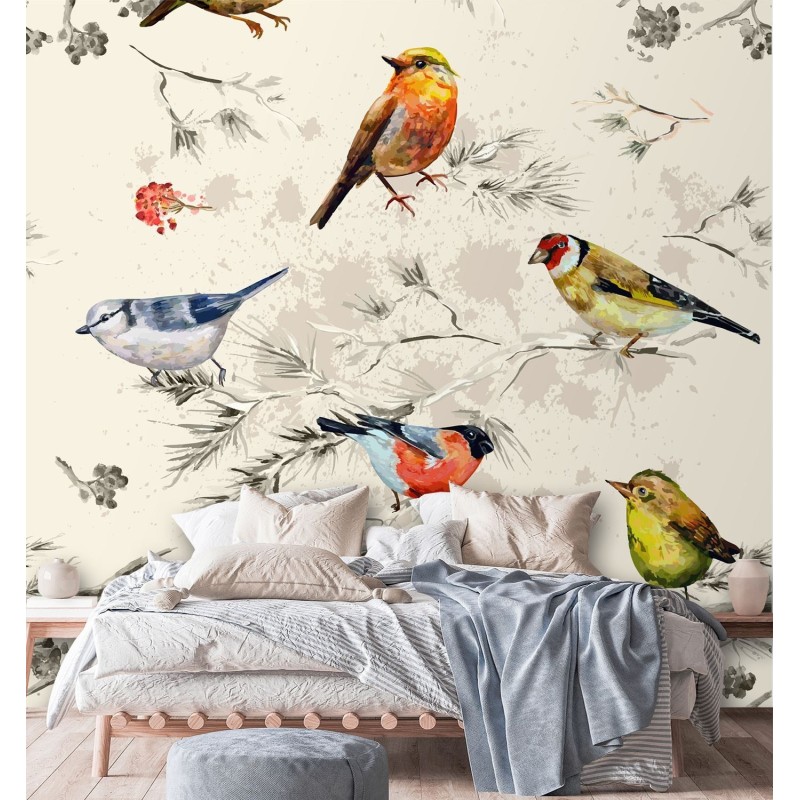 Fototapete - Bunte Vögel mit Aquarellfarben gemalt | Feeby
