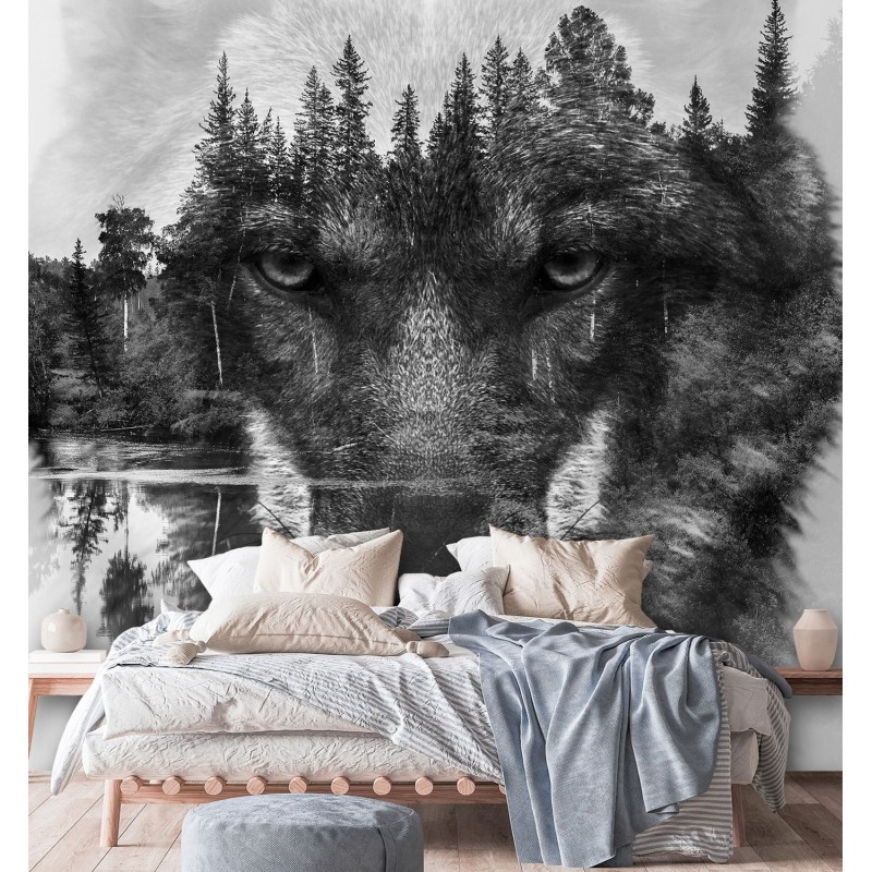 Moderne Fototapete - Wolf Wald im Nebel Natur Tiere | Feeby