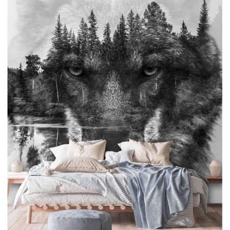 Moderne Fototapete - Wolf Wald im Nebel Natur Tiere | Feeby