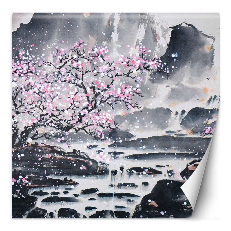 Fototapete - Blühender Kirschbaum Japan Landschaft | Feeby