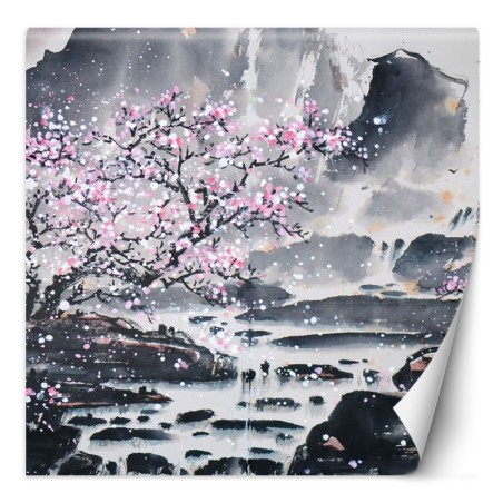 Fototapete - Blühender Kirschbaum Japan Landschaft | Feeby