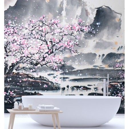 Fototapete - Blühender Kirschbaum Japan Landschaft | Feeby