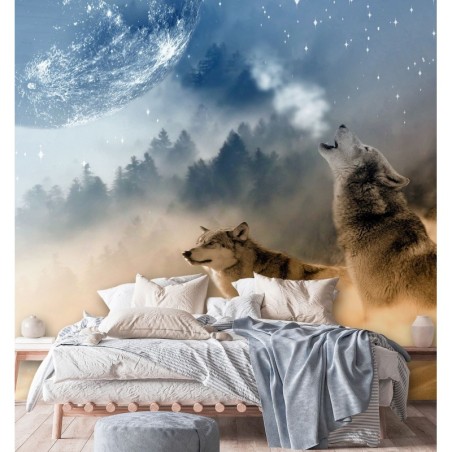 Moderne Fototapete - Heulende Wölfe und der Mond | Feeby