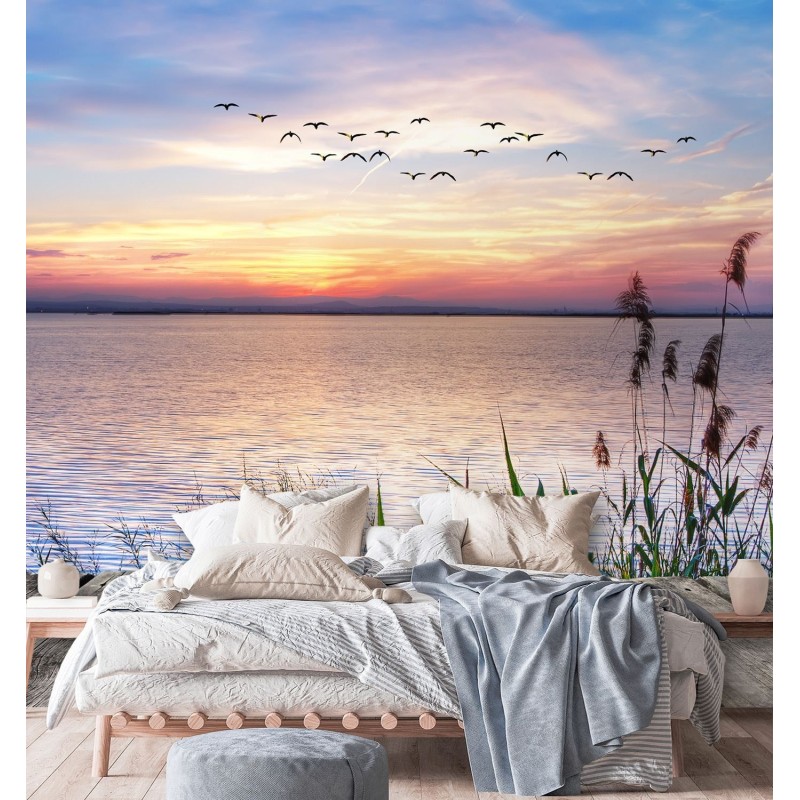 Moderne Fototapete - Rosa Himmel Steg Wasser | Feeby