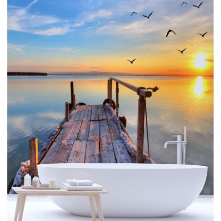 Modische Fototapete - Sonnenuntergang Steg Vögel | Feeby