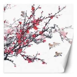 Fototapete - Vögel auf einem Zweig Kirschblüte | Feeby
