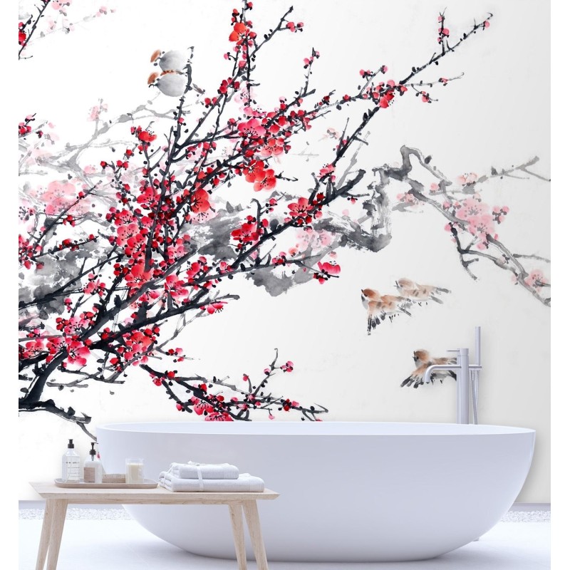 Fototapete - Vögel auf einem Zweig Kirschblüte | Feeby