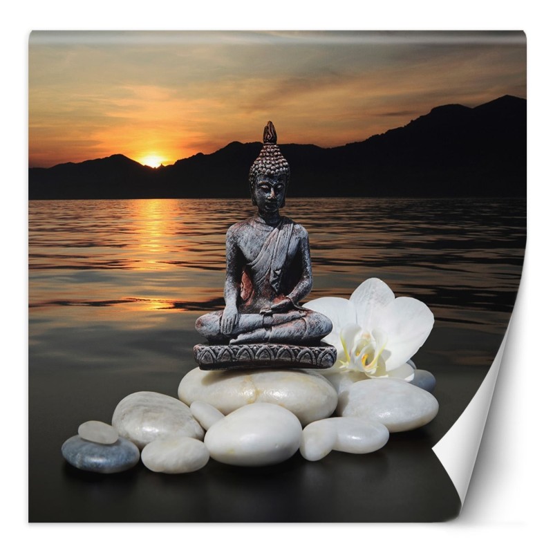 Fototapete - Buddha-Figur auf den Steinen bei Sonnenuntergang | Feeby