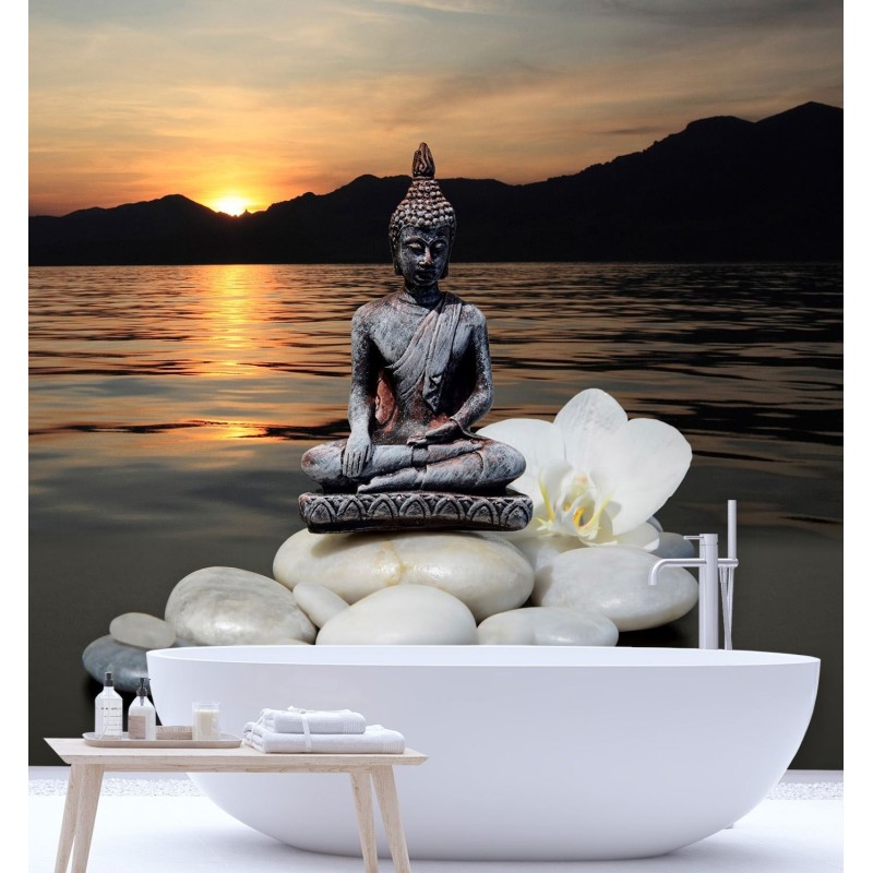 Fototapete - Buddha-Figur auf den Steinen bei Sonnenuntergang | Feeby