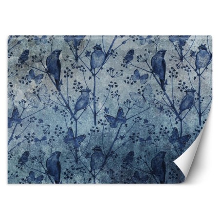 Fototapete - Schmetterlinge und Vögel auf den Zweigen | Feeby