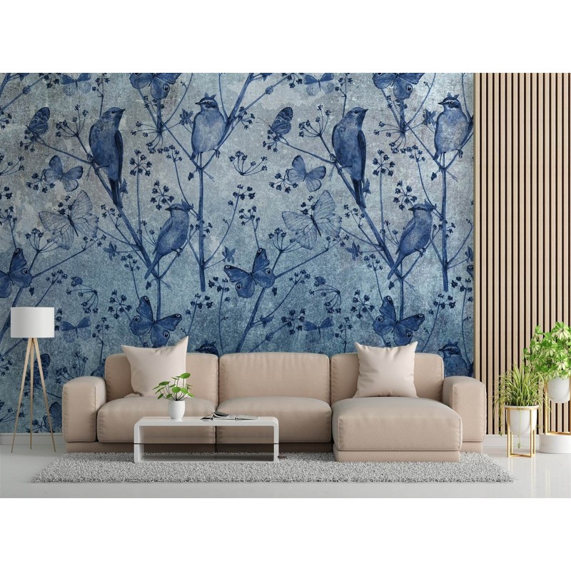 Fototapete - Schmetterlinge und Vögel auf den Zweigen | Feeby