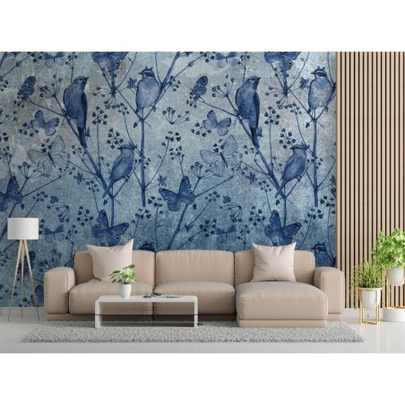 Fototapete - Schmetterlinge und Vögel auf den Zweigen | Feeby