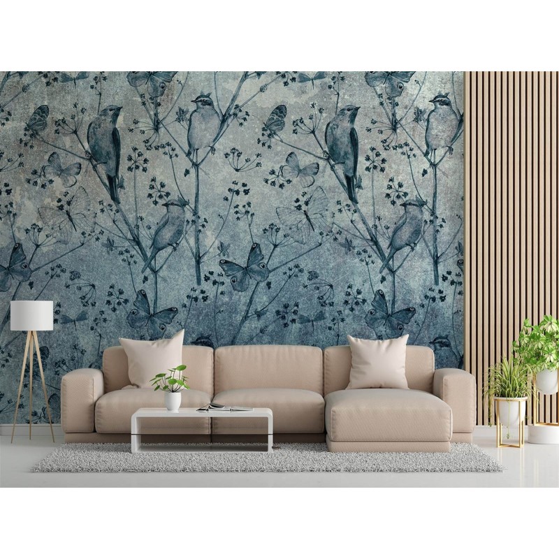 Stilvolle Fototapete - Vögel und Schmetterlinge Blau | Feeby