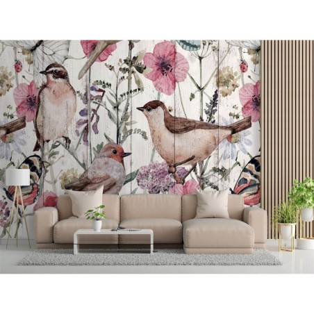 Fototapete - Vögel und Schmetterlinge auf einer Wiese mit Feldblumen | Feeby